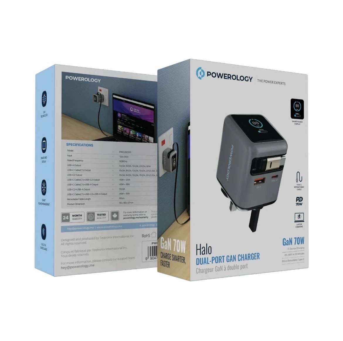 شارژر دیواری فست شارژ Powerology (پاورولوژی) مدل Halo Dual-Port GaN Charger 70W