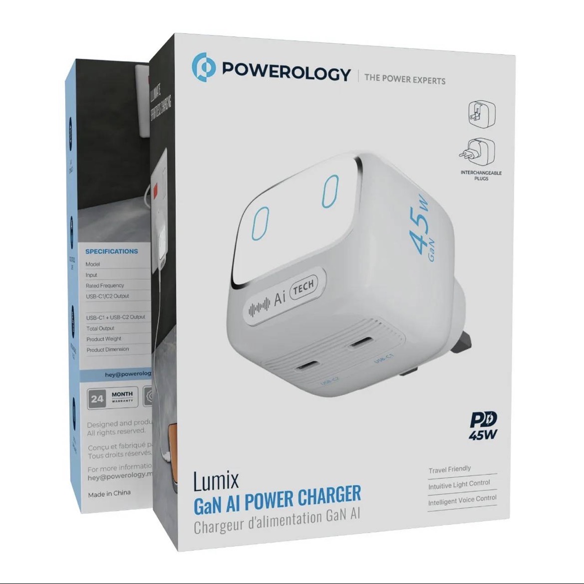 شارژر دیواری 45 واتی Ai گان پاورولوژی لومیکس مدل Powerology Lumix PWCUQC052WH