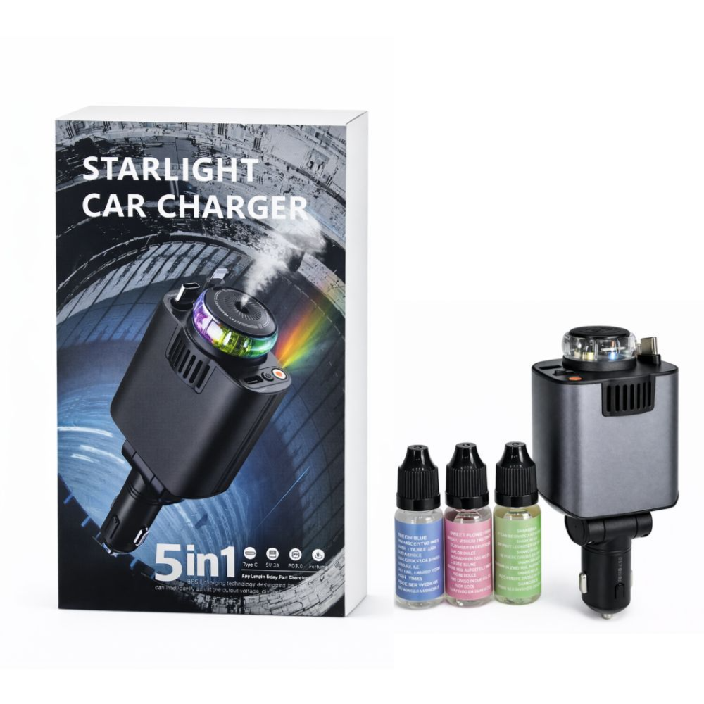 شارژر فندکی خودرو ۵ کاره Starlight با توان ۴۵ وات، خوشبوکننده و چراغ کهکشانی